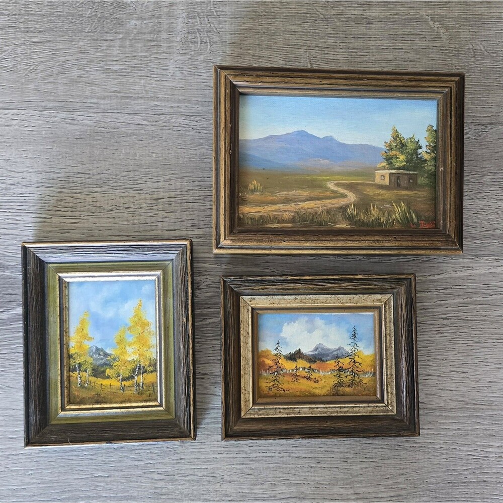 3 Small Orig. Oil Paintings Artist Signed Fall Autumn Mountains Landscape VTG